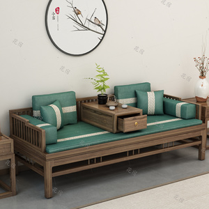 老榆木新中式推拉罗汉床椅实木现代沙发组合小户型卧榻塌套装家具