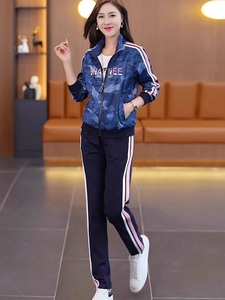 香港迷彩运动服套装女春秋季时尚立领长袖长裤休闲跑步服三件套女