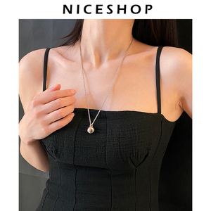NICE 欧美时尚通勤新款立体银球吊坠项链极简高级长款毛衣锁骨链
