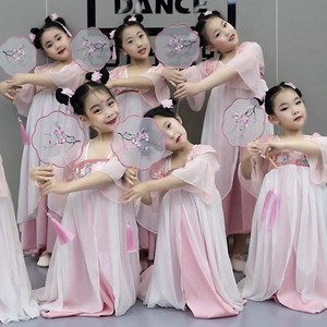 六一儿童古典扇子繁华舞演出服桃花笑花仙子汉服舞蹈表演服短袖款