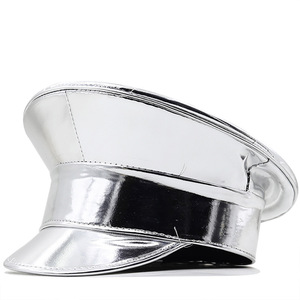 跨境银色镭射漆皮平顶帽女派对pu皮质海军帽跨境亮面演出贝雷帽