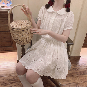 刺绣棉布 复古法式少女 古着感 松紧腰 白色半身裙 短裙 长裙 H