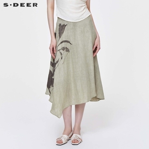 sdeer圣迪奥女装夏季半身裙裙子撞色印花不规则休闲长裙S21281137