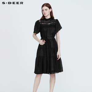 sdeer圣迪奥复古衬衫裙印花蕾丝吊带两件套连衣裙S222Z1210