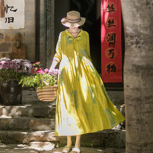 忆旧夏季气质连衣裙长袖2023年新款宽松苎麻印花长裙黄色女装裙子