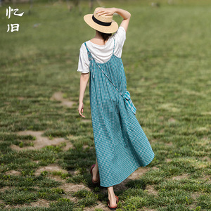 【追风日记】绿格子吊带连衣裙女夏季新款宽松双面穿纯棉吊带长裙