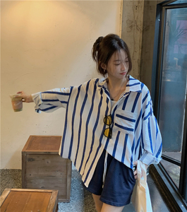 韩系蓝色竖条纹设计感衬衫慵懒风外搭休闲衬衣外套上衣女海边度假