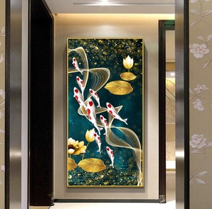 新款印花DMC十字绣 客厅玄关走廊过道中式竖版风景金色荷花九鱼图
