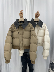 韩版皮翻领短款棉服棉衣女冬季2024年新款拼接小个子宽松加厚外套