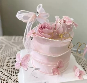 小红书珍珠丝带蛋糕装饰围边 粉色蓝色刺绣蝴蝶 情人节烘焙配件