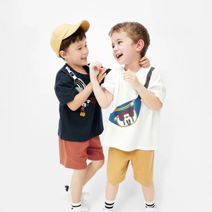 儿童夏季纯棉背包短袖T恤男宝卡通创意印花耳机圆领上衣打底衫