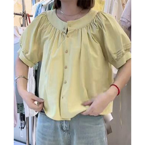 韩系chic宽松休闲嫩黄色短袖T恤女2024夏季新款褶皱圆领开衫上衣