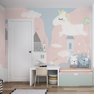 北欧卡通独角兽墙纸儿童房墙布卧室背景墙壁纸粉色女孩公主房壁画