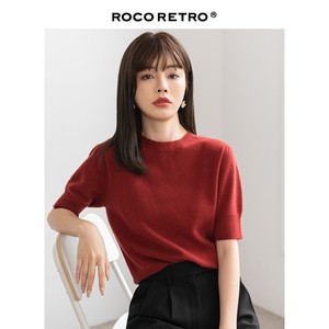 ROCO红色一线成衣纯羊毛中袖针织衫女春秋薄毛衣打底衫慵懒风上衣