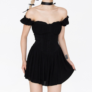 暴杂原创设计 显腰细的黑色连衣裙 一字领灯笼袖法式芭蕾风短裙