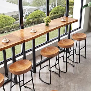 靠墙吧台组合长条窄桌子实木大板桌奶茶店高脚桌休闲酒吧桌椅欧式