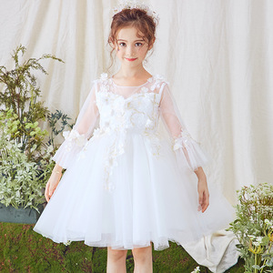 新款儿童婚纱裙出租长袖花童礼服女童公主裙白色蕾丝蓬蓬裙中大童