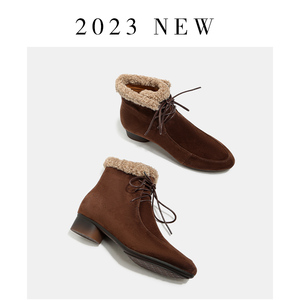 木卡洛2023冬新款加绒短靴尖头磨砂皮绒面真皮加厚雪地女靴马丁靴