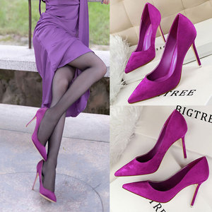 高跟鞋女2022年新款春秋季绒面性感细跟法式紫色名媛气质尖头单鞋