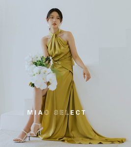 MiaoSelect＜热岛＞优雅气质挂脖式新娘轻婚纱敬酒服缎面晚礼服