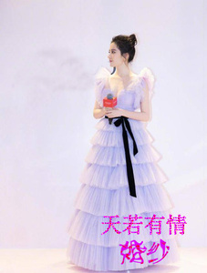 明星刘亦菲同款礼服长款吊带紫色纱裙深V领蛋糕裙婚礼宴会主持裙