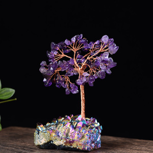 天然紫水晶树芙蓉石粉晶黄水晶七彩水晶发财树工艺品桌面办公摆件
