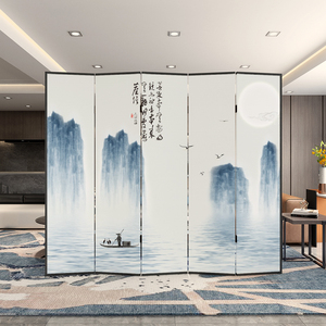 新中式山水屏风隔断客厅折叠移动现代简约酒店饭店不透油画布折屏