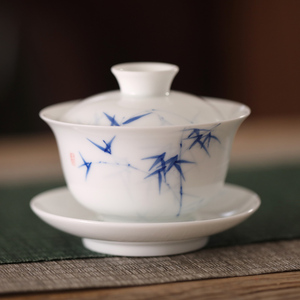 竹子青花瓷器盖碗茶杯单个不烫手竹韵家用陶瓷大号三才泡手绘茶碗