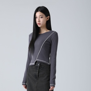 韩国单设计师品牌 辣妹风修身长袖拼接剪裁T恤