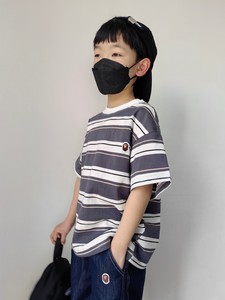 儿童短袖T恤2024夏季日系男女童装中大童上衣猴子条纹衫棉透