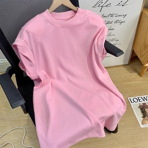 粉色垫肩短袖T恤女夏tshirt宽松慵懒风纯色打底衫包袖中长款上衣
