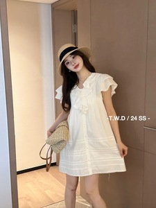 YAYA韩国代购2024夏季新款甜美荷叶领高腰白色仙女裙飞飞袖连衣裙