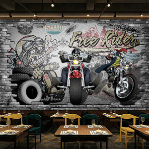 3d立体复古餐厅机车墙纸汽车赛车摩托车壁纸个性酒吧ktv装饰壁画
