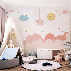星星云朵墙纸太阳粉色墙布卡通儿童房壁画女孩公主房卧室环保壁纸