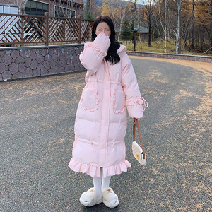 粉色设计感羽绒棉服女2023冬季新款韩系甜美风抽绳加厚中长款外套