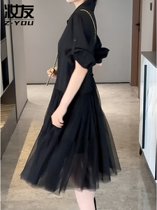 夏季2024新款时尚薄纱连衣裙女网纱短袖假两件气质时髦黑色纱裙子