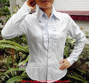 带弹力职业女衬衫 韩版条纹女衬衫木耳边收腰长袖衬衫 有小小码