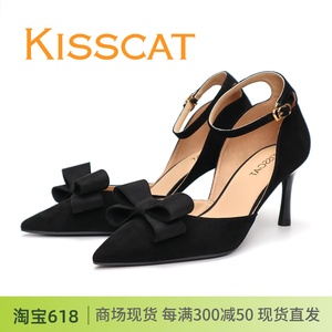 KISSCAT接吻猫2024新款细跟高跟鞋尖头黑色羊反绒蝴蝶结女鞋单鞋