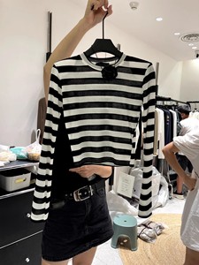 韩国东大门2024夏装新款圆领黑白条纹短款修身显瘦长袖t恤女上衣