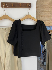 韩国东大门2024夏季新款气质显瘦黑色方领小个子短款衬衫上衣女潮