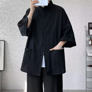 唐装亚麻短袖衬衫男款夏季新中式国风茶服大码衬衣佛系禅意居士服