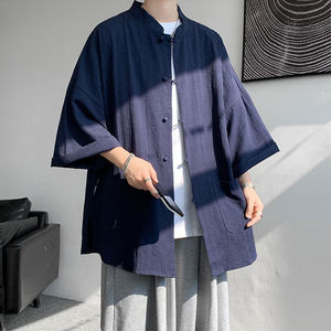 新中式薄款棉麻男士衬衫短袖夏季亚麻唐装道袍外套大码禅意居士服