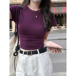 chic甜辣妹纯欲紫色正肩短袖T恤女装夏季紧身显瘦打底衫短款上衣