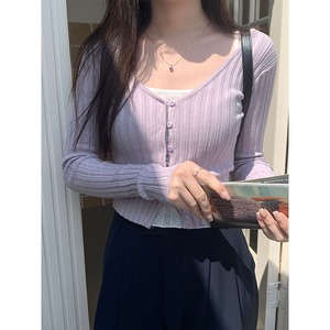 紫色v领针织小开衫女装2024春季新款毛衣修身显瘦小个子短款上衣