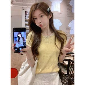 韩系黄色蕾丝针织短袖T恤女夏季设计感修身显瘦别致绝美短款上衣
