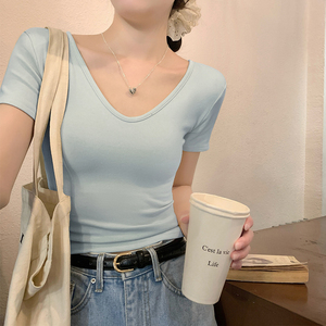 浅蓝色v领显白短袖t恤女夏季前后两穿紧身纯欲低领露锁骨短款上衣