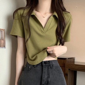 绿色polo短袖t恤女2023夏韩版设计感不规则收腰打底小衫V领上衣女