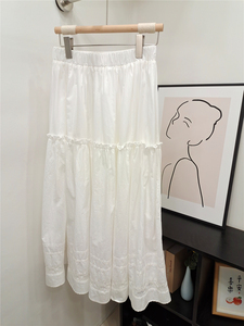 2024夏季FINOA白色蕾丝拼接半身裙女韩版大摆伞裙显瘦中长款A字裙
