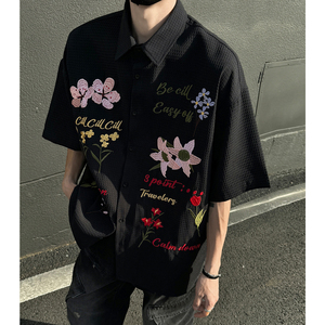 华夫格短袖衬衫男款夏季美式潮牌hiphop花卉刺绣宽松休闲半袖衬衣