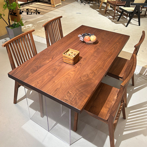 北美黑胡桃木大板餐桌轻奢原木茶桌实木书桌客厅长方形原木中岛台